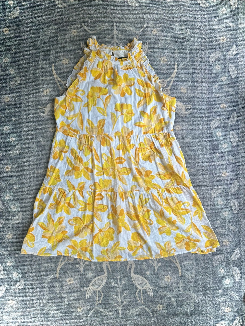 Clover and Sloane Yellow White Floral Tiered Ruffle Sleeveless Dress Sz L